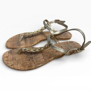 Lilly Pulitzer Gold Shell Thong Sandals Cork Sole Womens US 6 Summer Beach Flat
